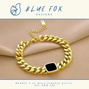 NEW 18K Gold Plated Stainless Steel Bracelet - Cuban Style w/ Black Center Piece